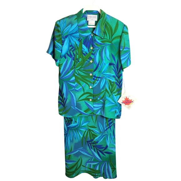 NWT Vtg Leslie Belle Shell buttons Green Blue Botanical Dress & Shirt Size 8 - Picture 1 of 16